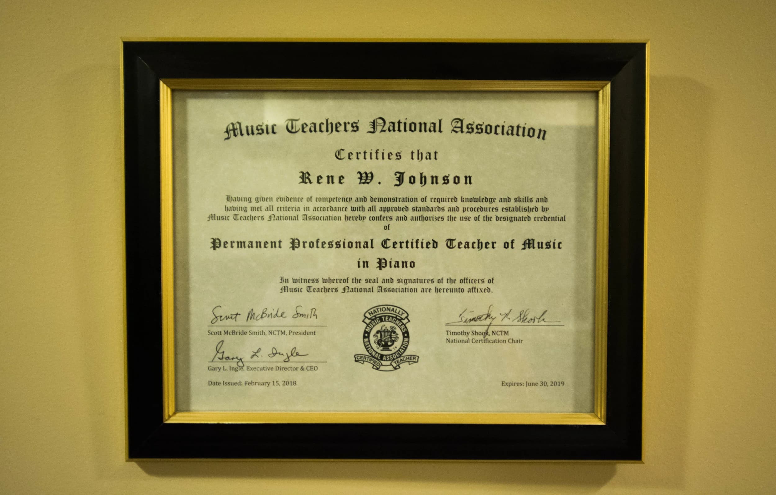 Framed MTNA certification